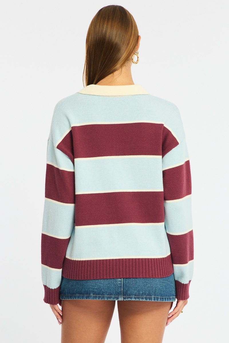Blue Stripe Stripe Knit Long Sleeve Collared Rugby Jersey for Ally Fashion