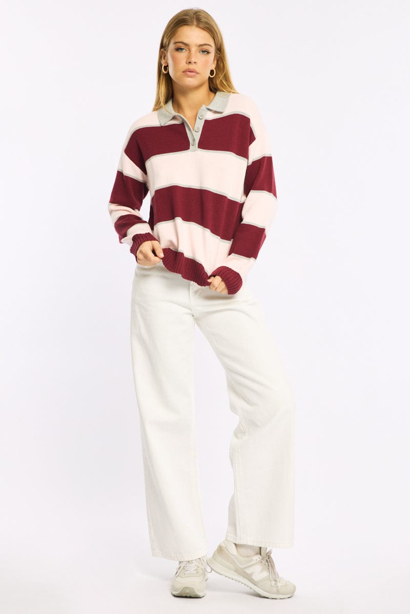 Pink Stripe Stripe Knit Long Sleeve Collared Rugby Jersey for Ally Fashion