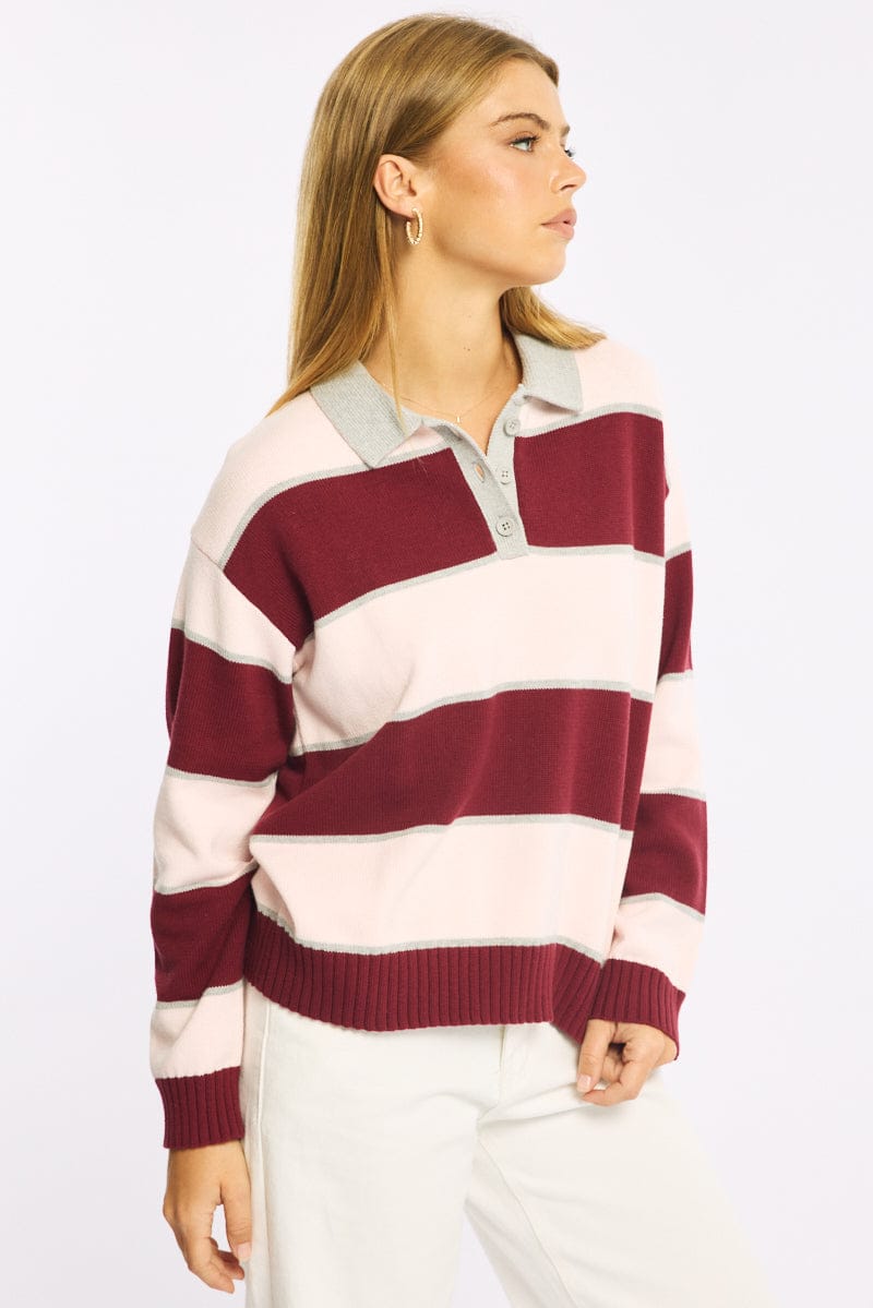 Pink Stripe Stripe Knit Long Sleeve Collared Rugby Jersey for Ally Fashion