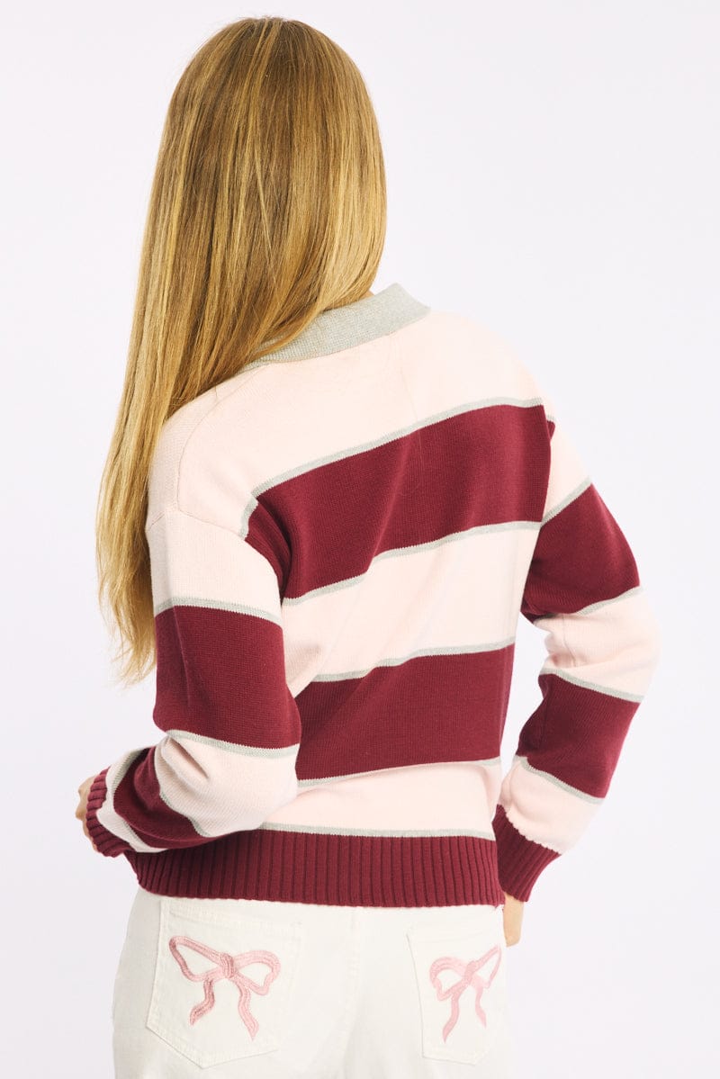 Pink Stripe Stripe Knit Long Sleeve Collared Rugby Jersey for Ally Fashion