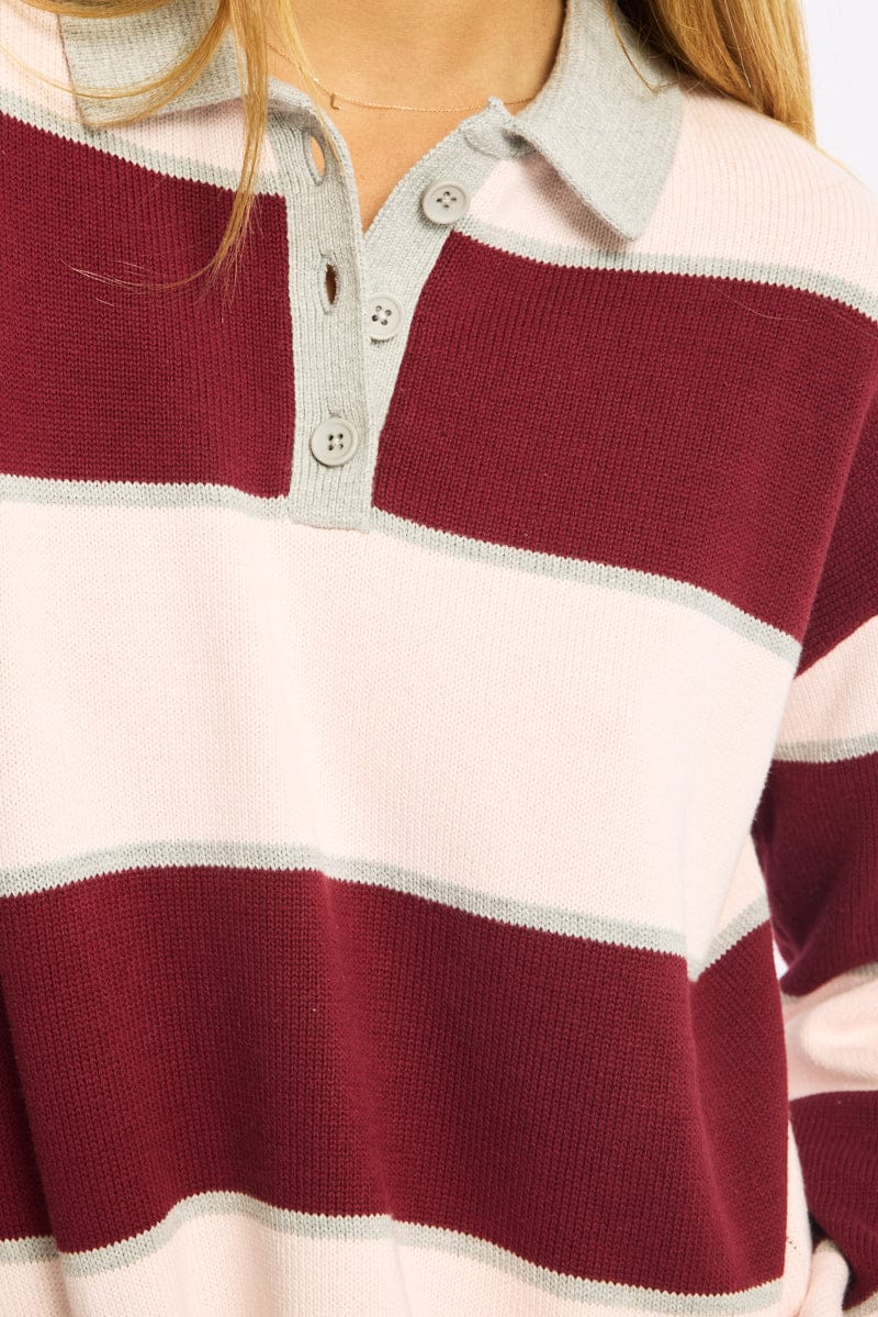 Pink Stripe Stripe Knit Long Sleeve Collared Rugby Jersey for Ally Fashion