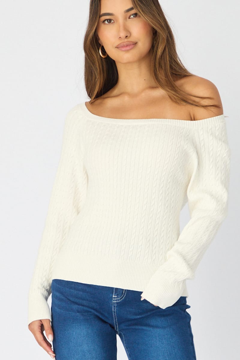 White Off Shoulder Knit Jumper Cable Design for Ally Fashion