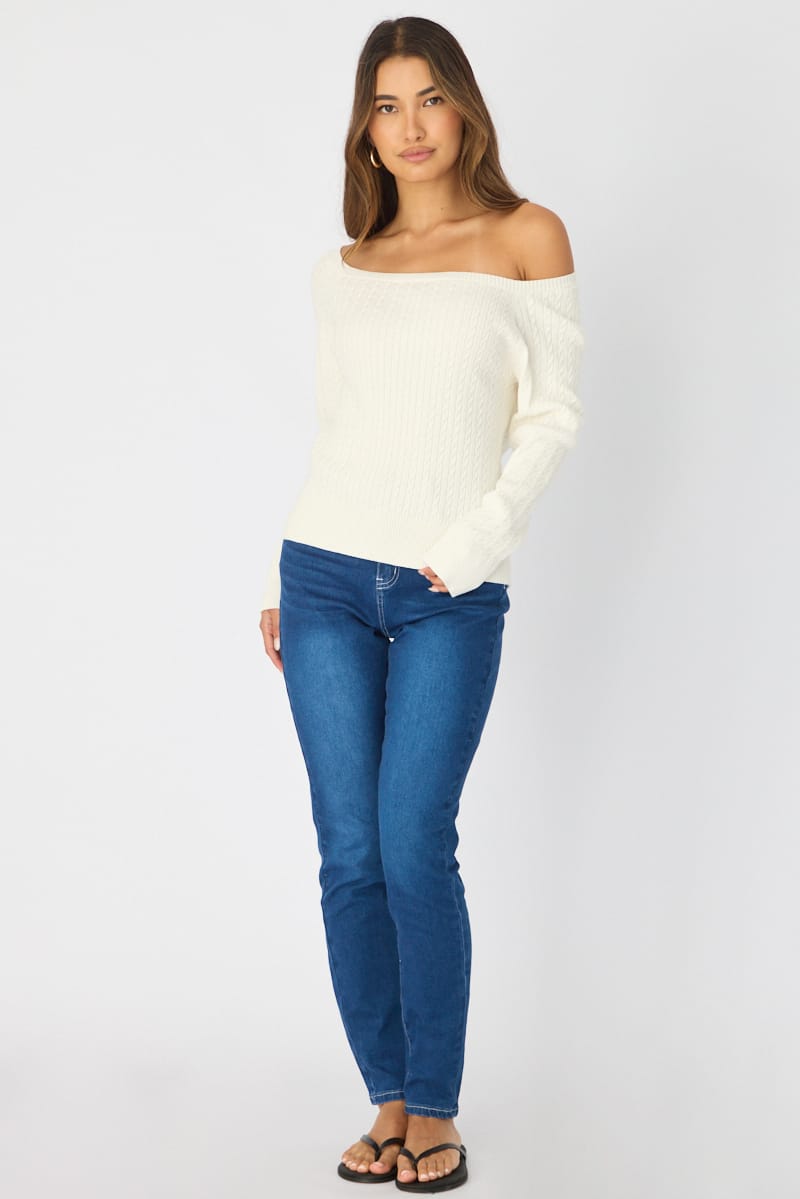White Off Shoulder Knit Jumper Cable Design for Ally Fashion