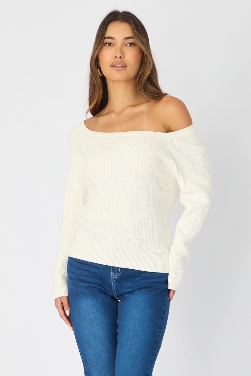 White Off Shoulder Knit Jumper Cable Design for Ally Fashion