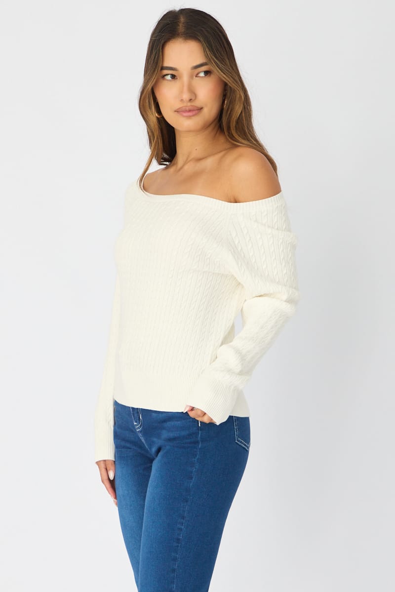 White Off Shoulder Knit Jumper Cable Design for Ally Fashion
