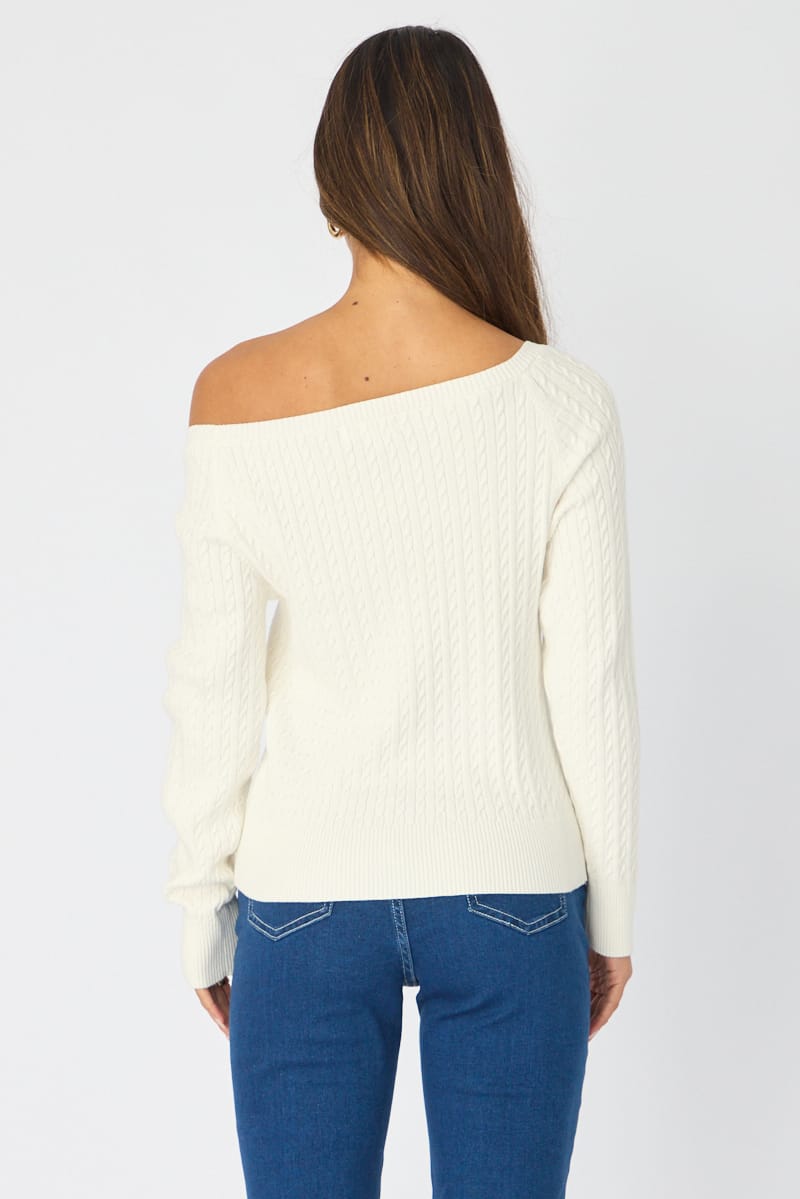 White Off Shoulder Knit Jumper Cable Design for Ally Fashion