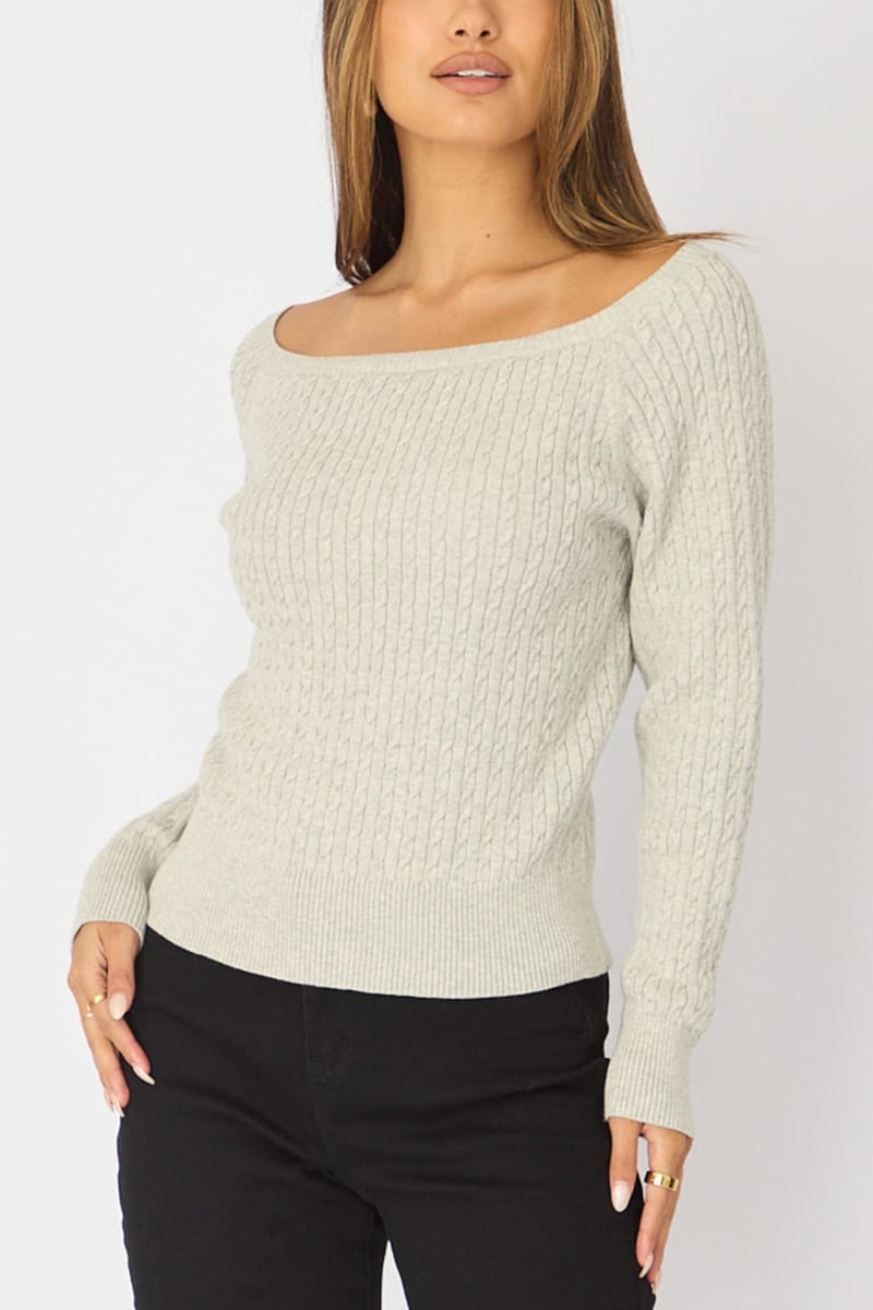 Grey Off Shoulder Knit Jumper Cable Design for Ally Fashion