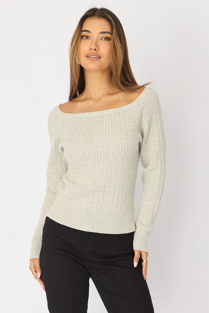 Grey Off Shoulder Knit Jumper Cable Design for Ally Fashion