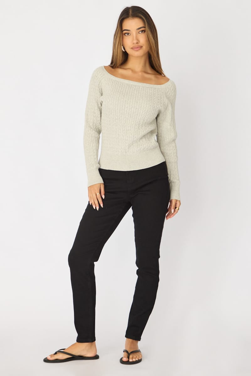 Grey Off Shoulder Knit Jumper Cable Design for Ally Fashion