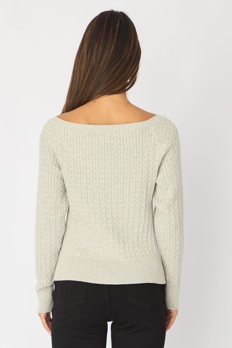Grey Off Shoulder Knit Jumper Cable Design for Ally Fashion