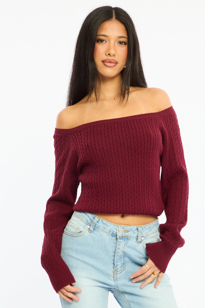 Red Off Shoulder Knit Jumper Cable Design for Ally Fashion
