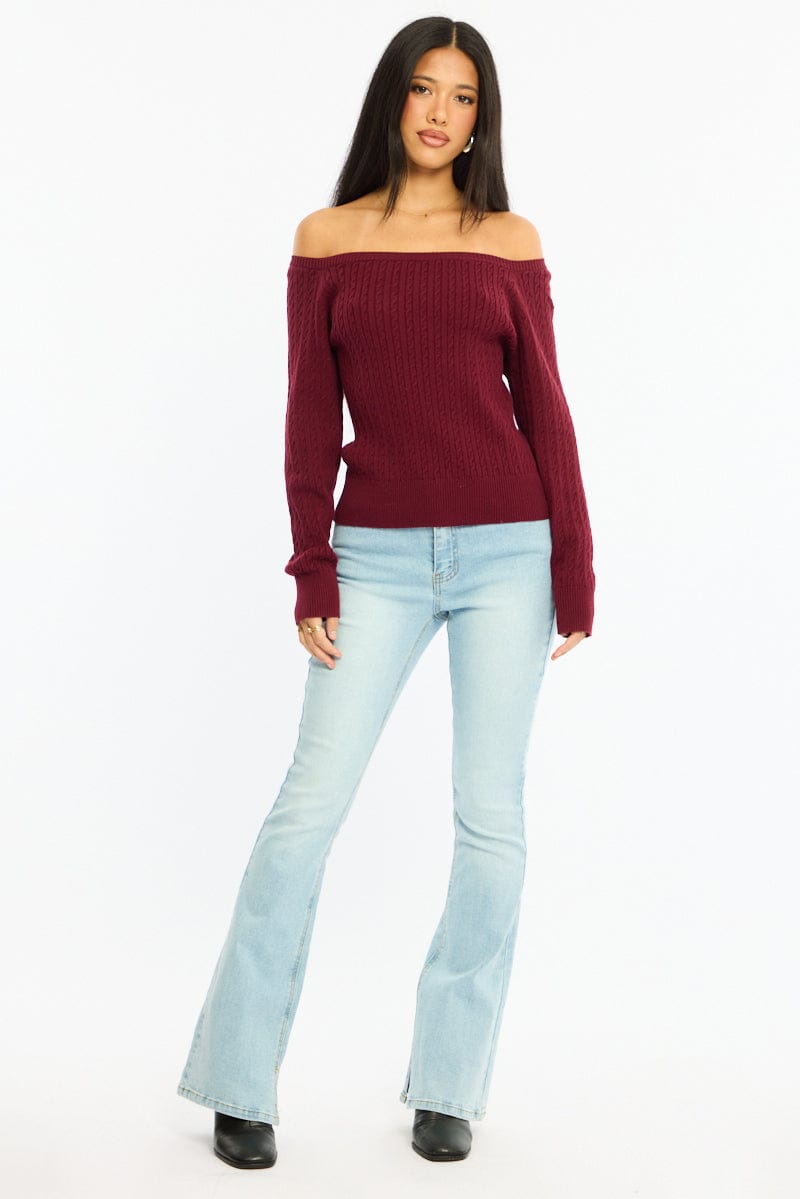 Red Off Shoulder Knit Jumper Cable Design for Ally Fashion
