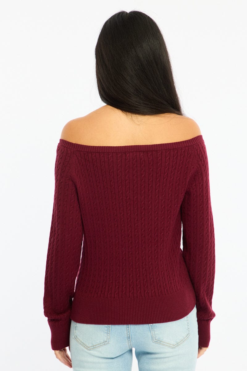 Red Off Shoulder Knit Jumper Cable Design for Ally Fashion
