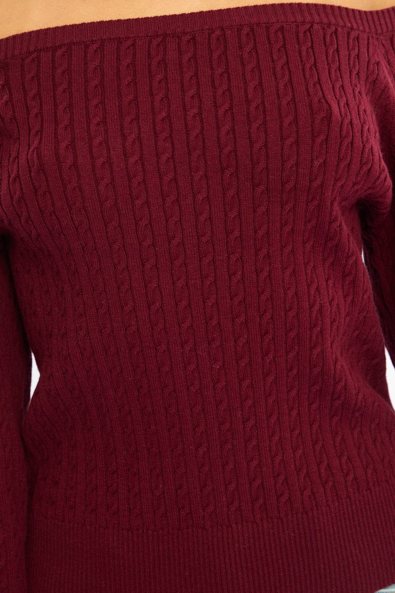 Red Off Shoulder Knit Jumper Cable Design for Ally Fashion