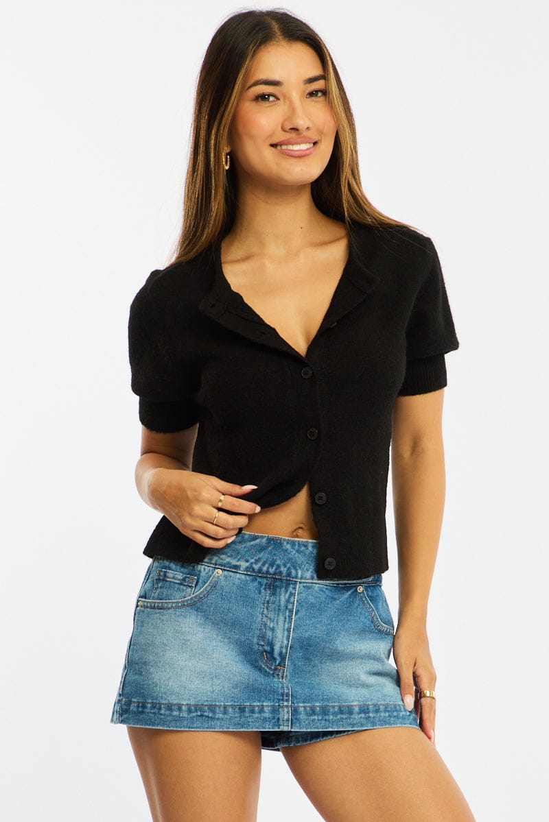 Black Knit Button Up Short Sleeve Shirt for Ally Fashion