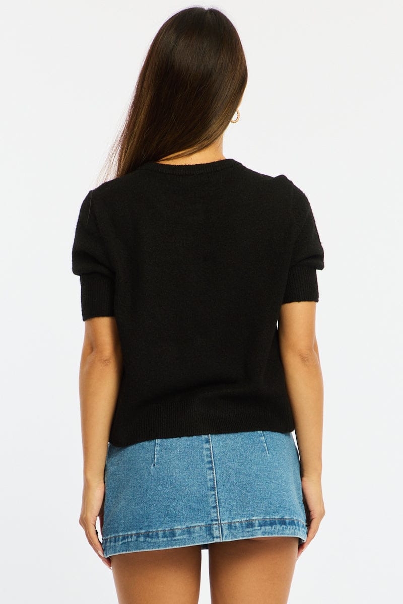 Black Knit Button Up Short Sleeve Shirt for Ally Fashion