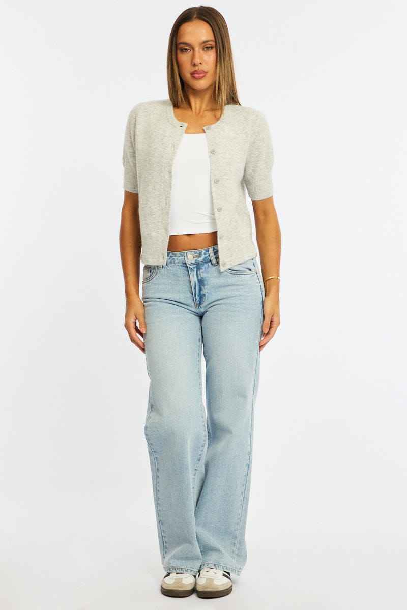 Grey Knit Button Up Short Sleeve Shirt for Ally Fashion