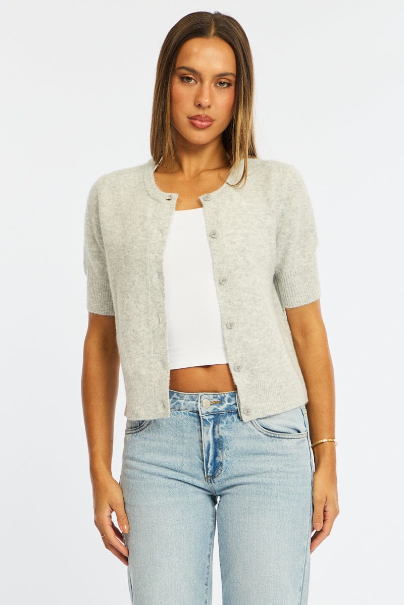 Grey Knit Button Up Short Sleeve Shirt for Ally Fashion