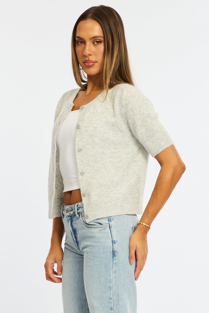 Grey Knit Button Up Short Sleeve Shirt for Ally Fashion