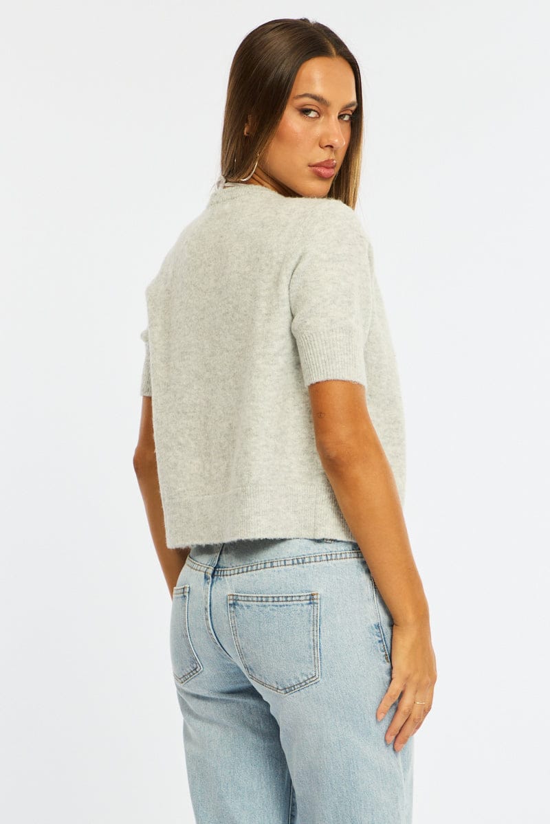 Grey Knit Button Up Short Sleeve Shirt for Ally Fashion