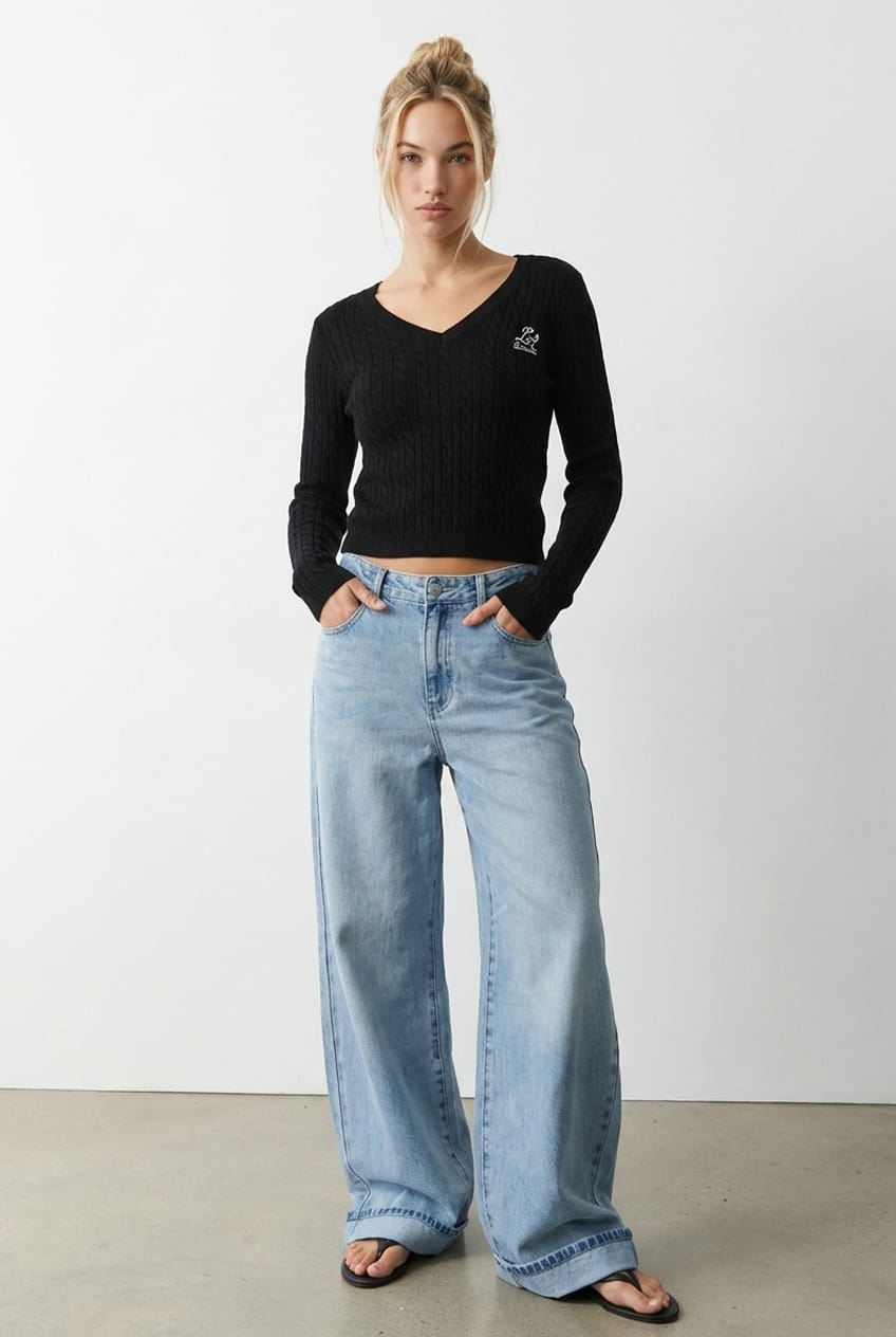 Black Cable Knit Top V-neck Embroidered Detail for Ally Fashion