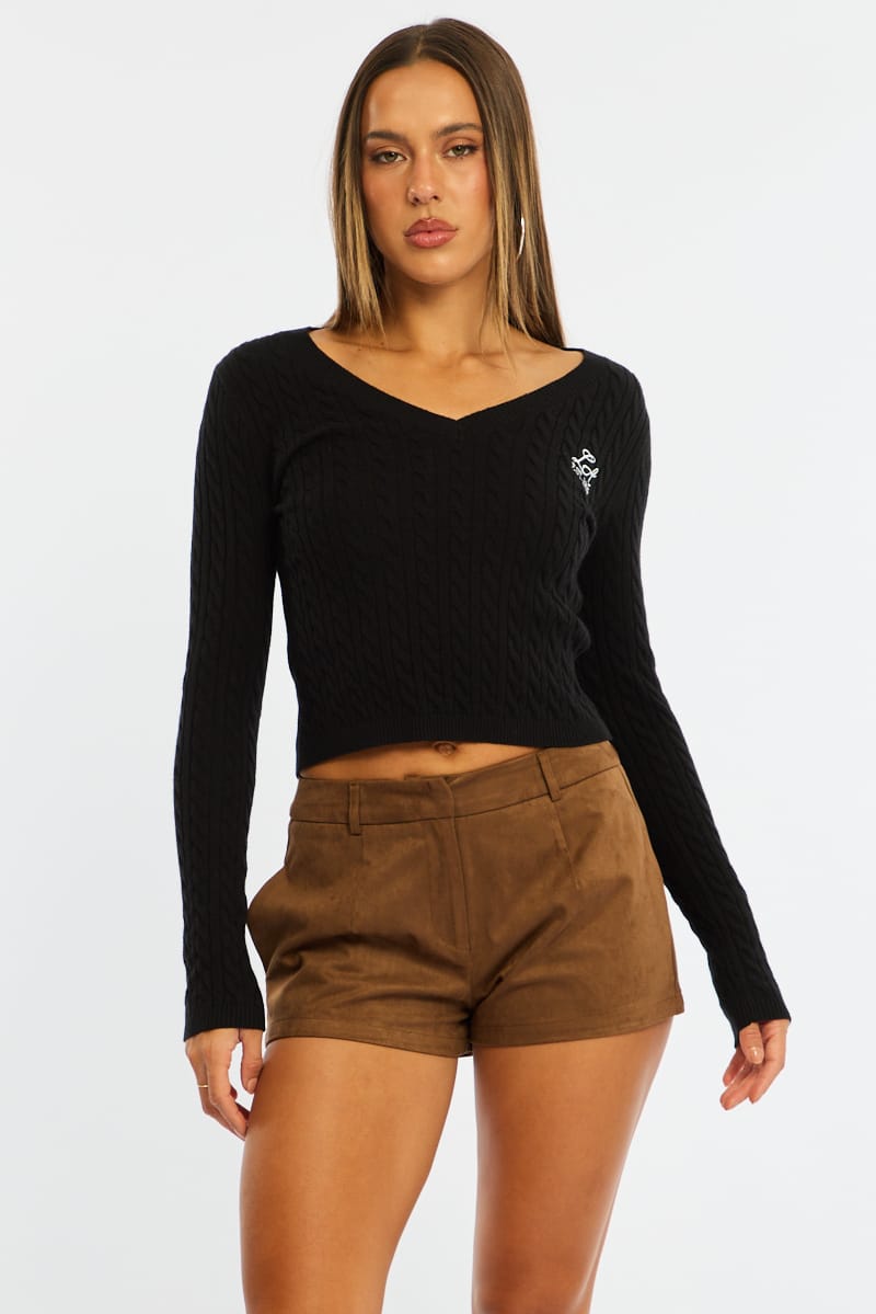 Black Cable Knit Top V-neck Embroidered Detail for Ally Fashion