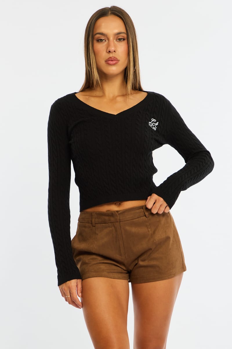 Black Cable Knit Top V-neck Embroidered Detail for Ally Fashion