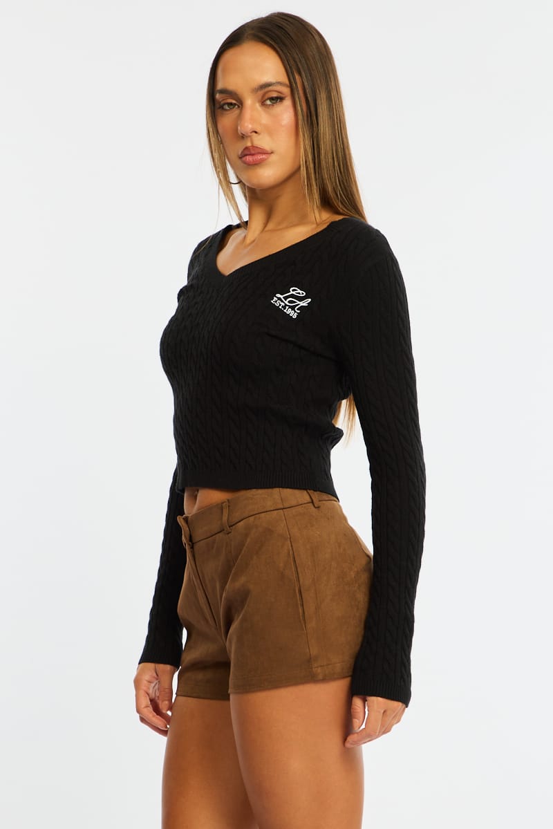 Black Cable Knit Top V-neck Embroidered Detail for Ally Fashion