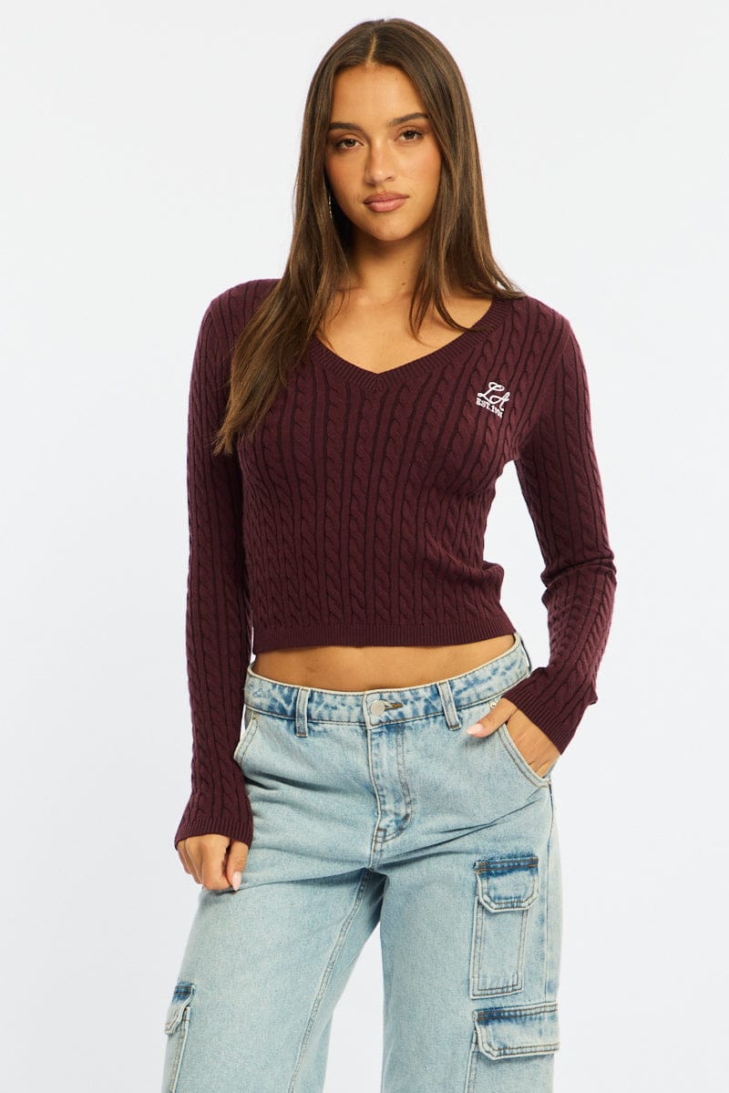 Brown Cable Knit Top V-neck Embroidered Detail for Ally Fashion