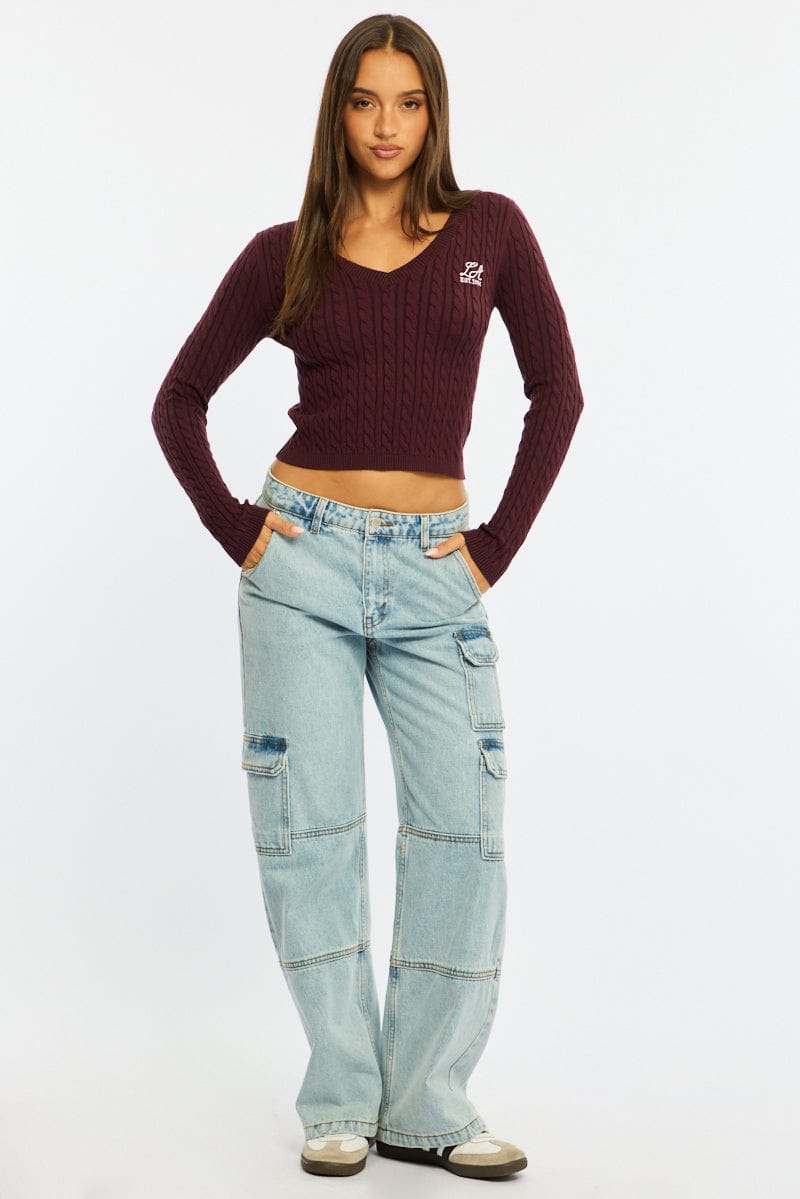 Brown Cable Knit Top V-neck Embroidered Detail for Ally Fashion