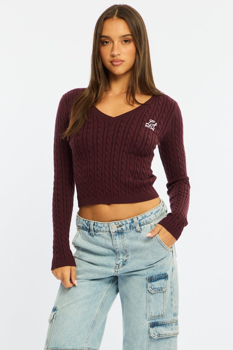 Brown Cable Knit Top V-neck Embroidered Detail for Ally Fashion