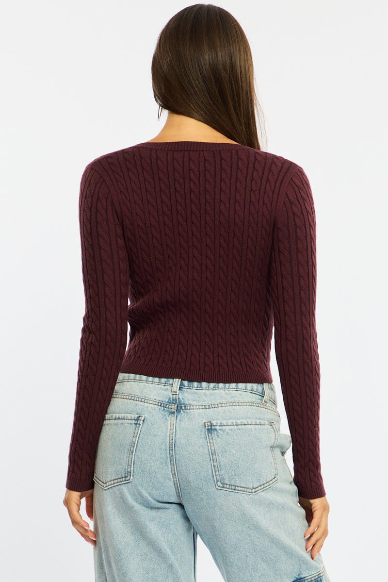 Brown Cable Knit Top V-neck Embroidered Detail for Ally Fashion