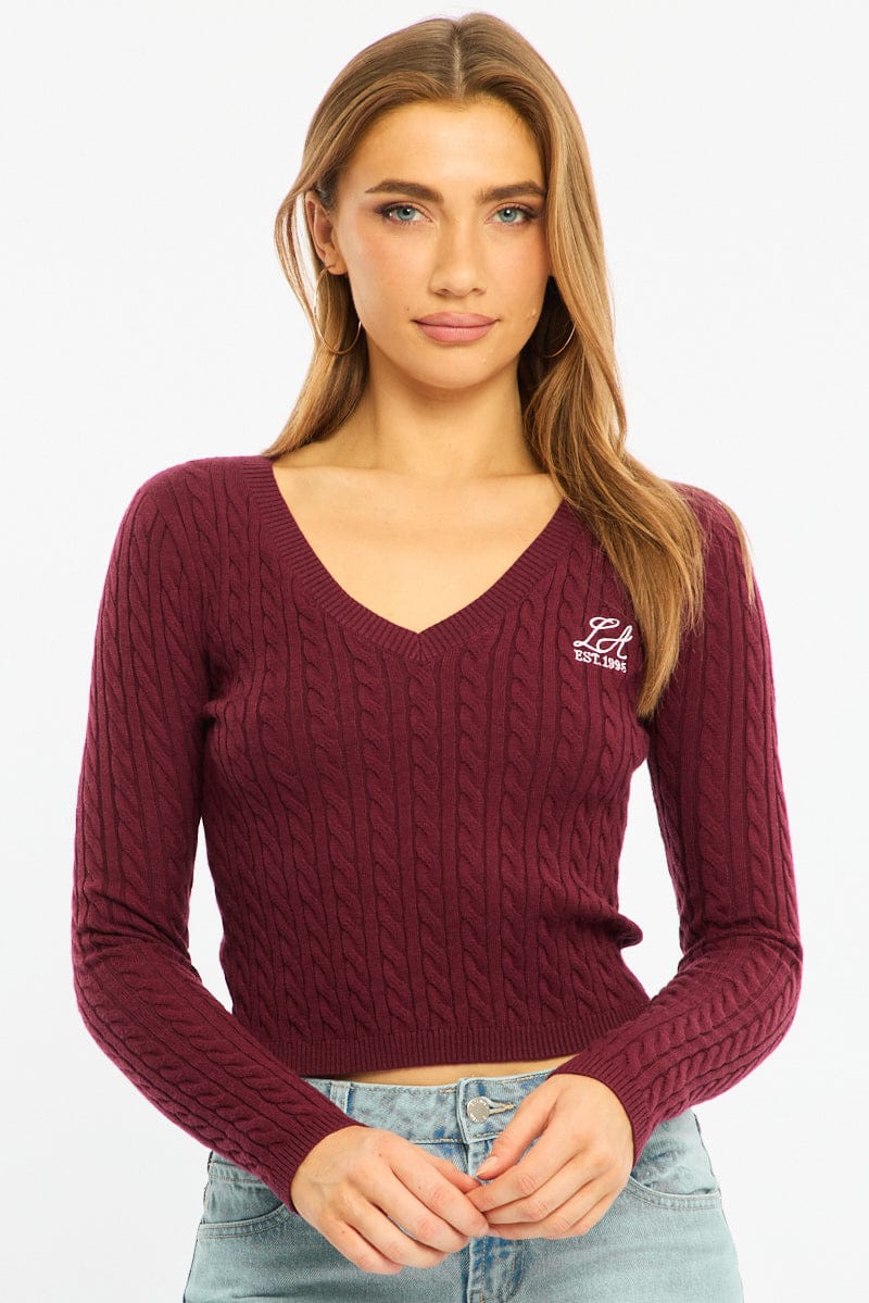 Red Cable Knit Top V-neck Embroidered Detail for Ally Fashion