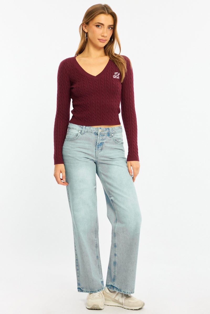 Red Cable Knit Top V-neck Embroidered Detail for Ally Fashion