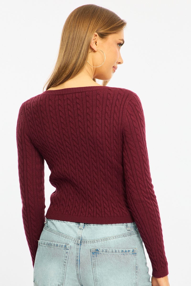 Red Cable Knit Top V-neck Embroidered Detail for Ally Fashion