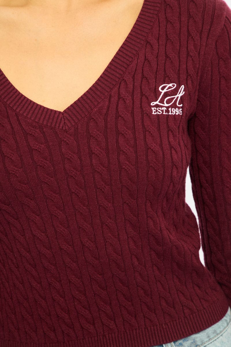 Red Cable Knit Top V-neck Embroidered Detail for Ally Fashion