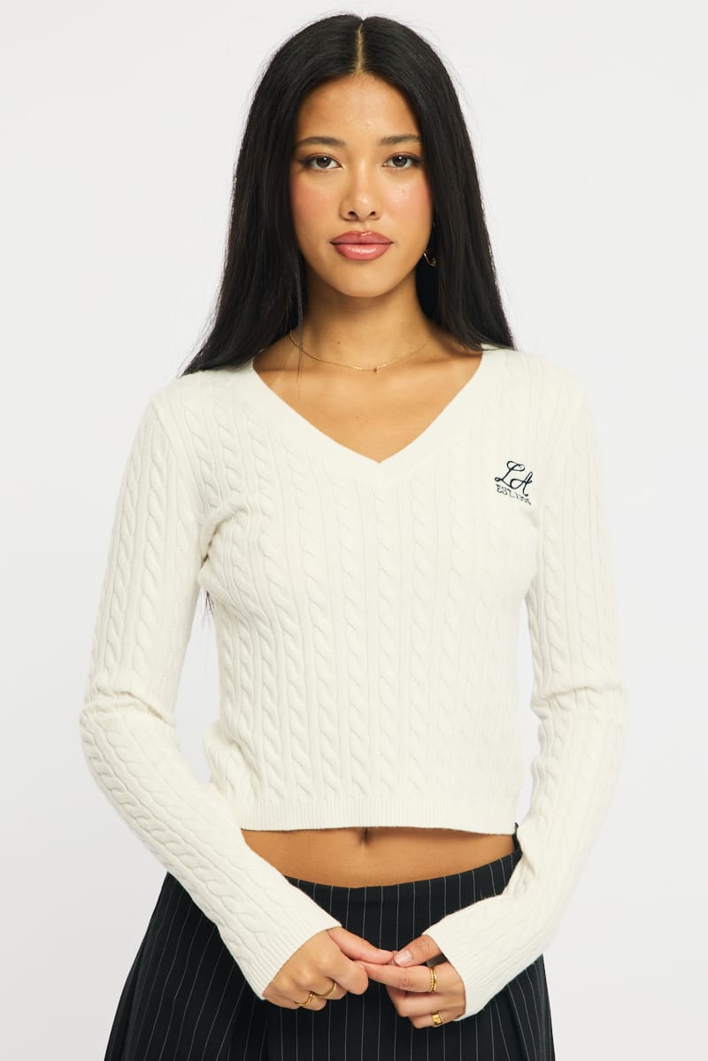White Cable Knit Top V-neck Embroidered Detail for Ally Fashion
