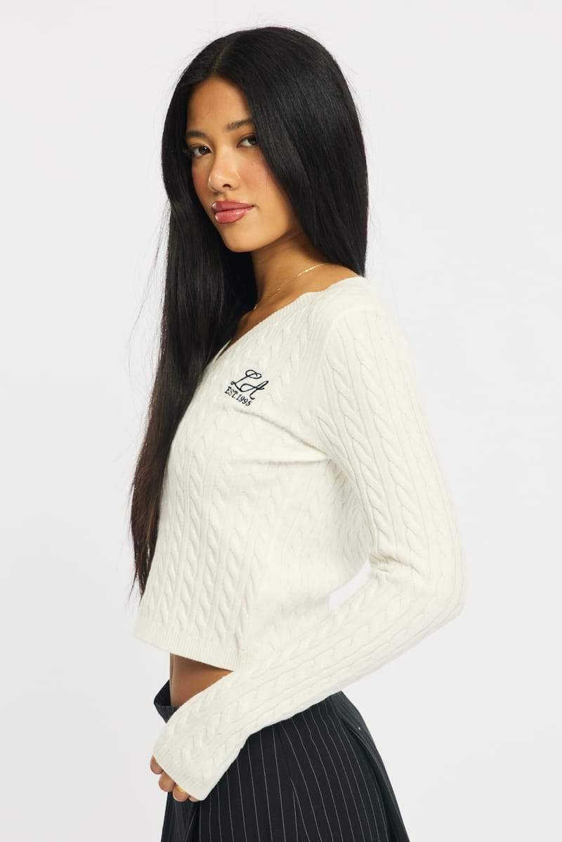 White Cable Knit Top V-neck Embroidered Detail for Ally Fashion