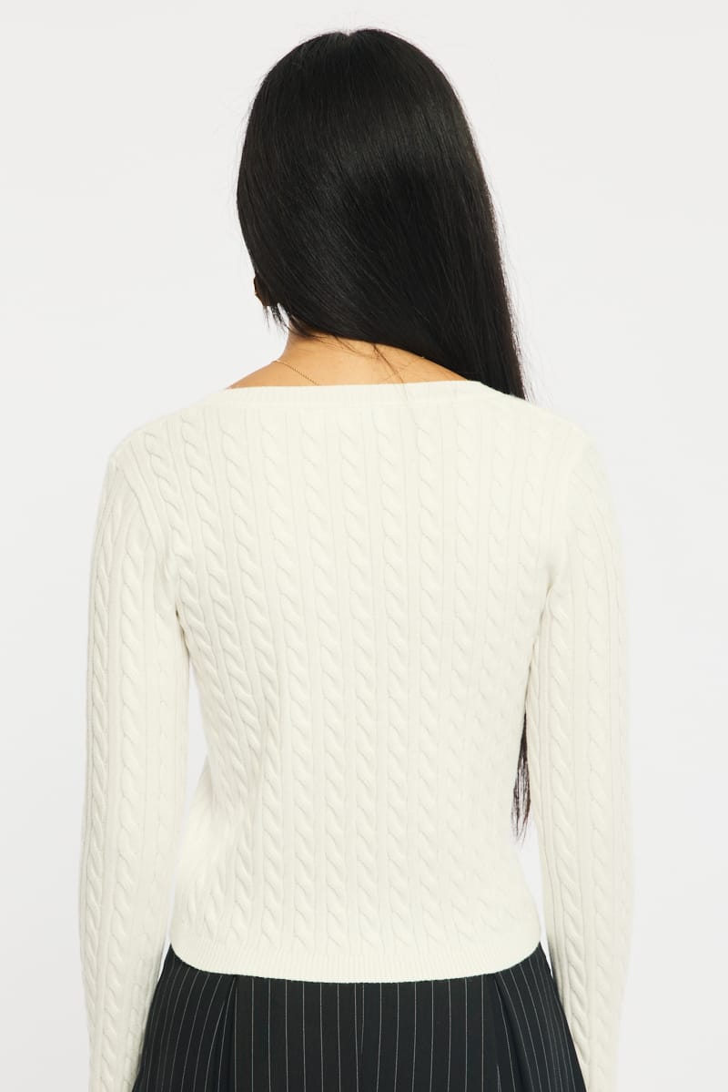 White Cable Knit Top V-neck Embroidered Detail for Ally Fashion