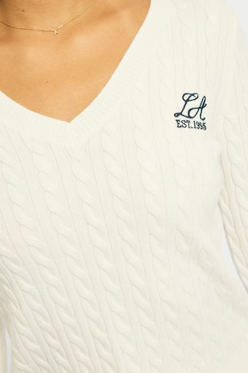 White Cable Knit Top V-neck Embroidered Detail for Ally Fashion