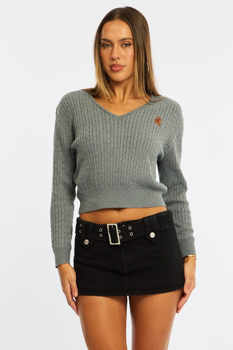 Grey Cable Knit Sweater Top Teddy Bear Embroidery for Ally Fashion