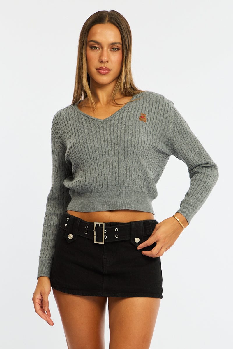 Grey Cable Knit Sweater Top Teddy Bear Embroidery for Ally Fashion