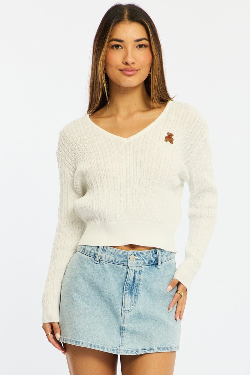 White Cable Knit Sweater Top Teddy Bear Embroidery for Ally Fashion