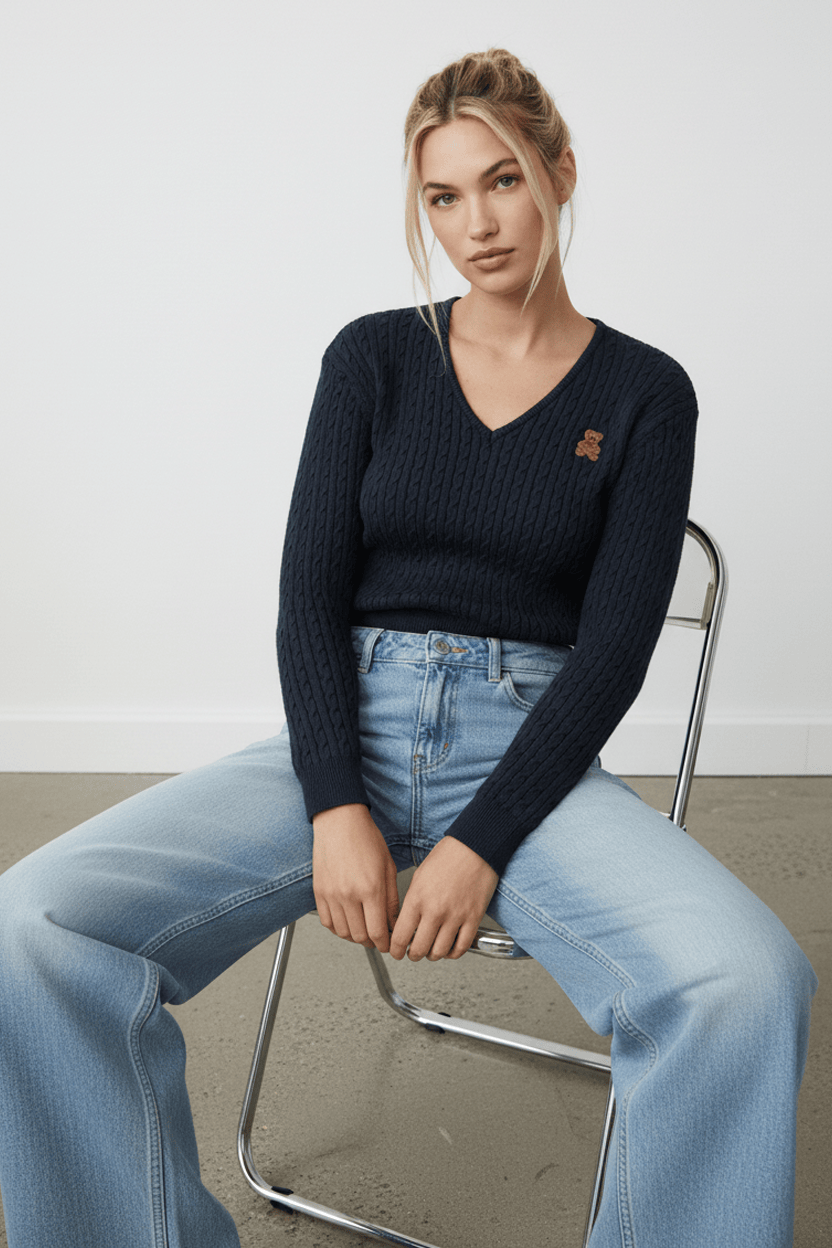 Blue Cable Knit Sweater Top Teddy Bear Embroidery for Ally Fashion