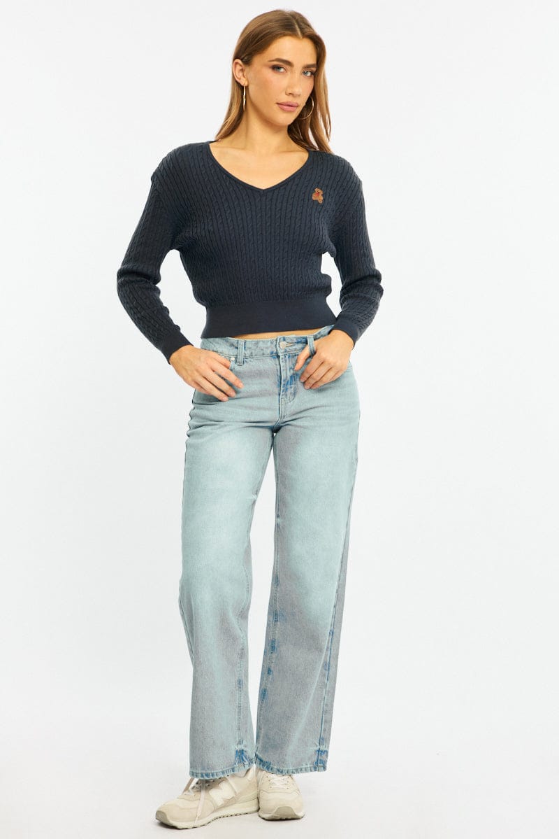 Blue Cable Knit Sweater Top Teddy Bear Embroidery for Ally Fashion