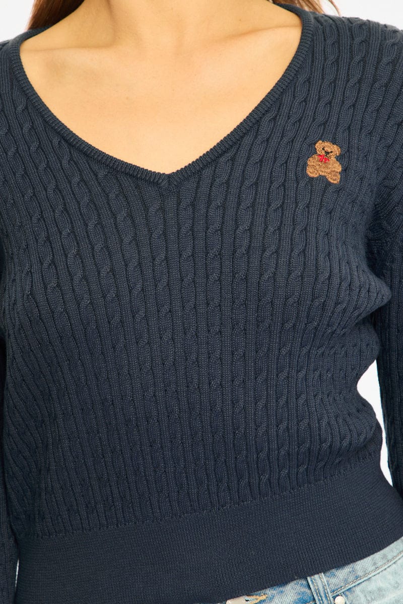 Blue Cable Knit Sweater Top Teddy Bear Embroidery for Ally Fashion