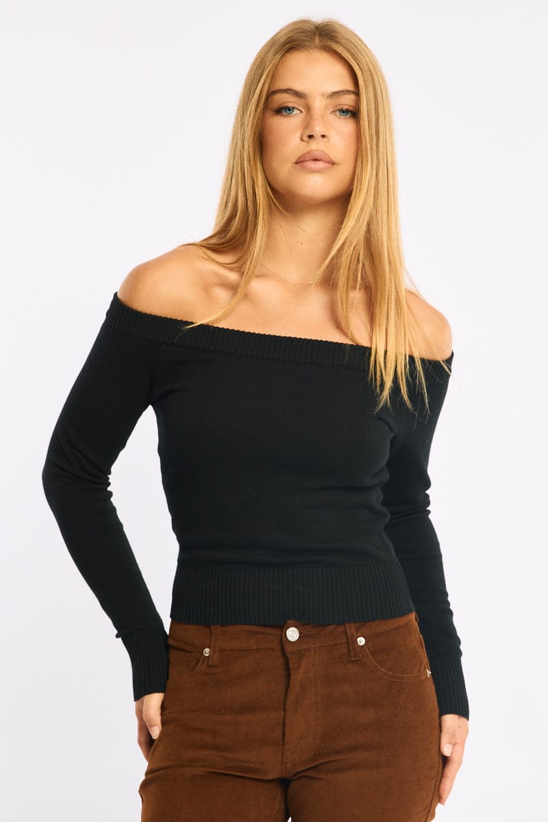 Black Stripe Knit Top Off Shoulder Long Sleeve for Ally Fashion