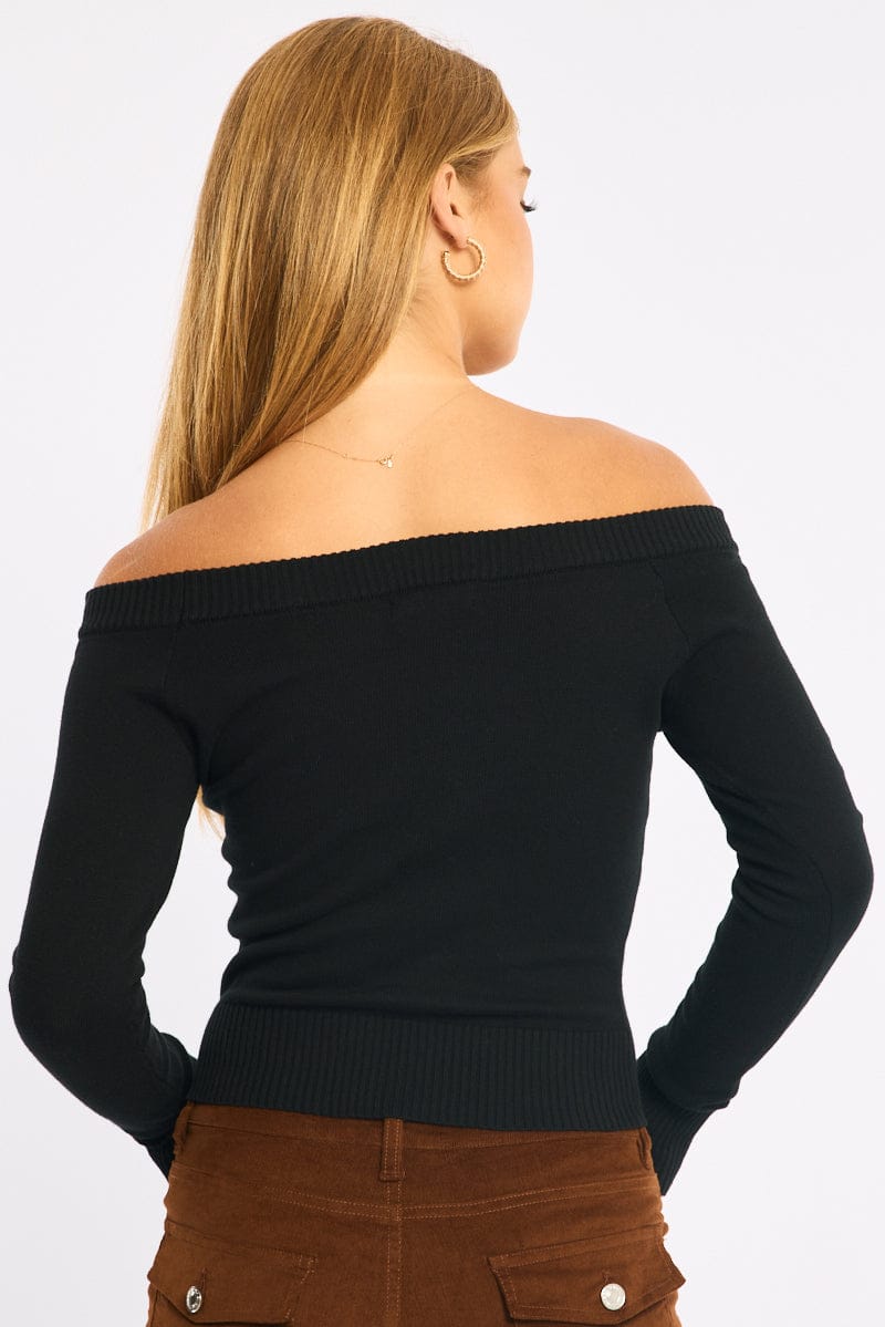 Black Stripe Knit Top Off Shoulder Long Sleeve for Ally Fashion