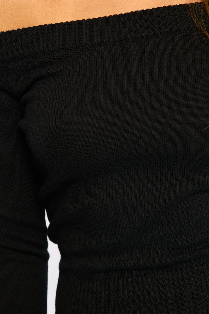 Black Stripe Knit Top Off Shoulder Long Sleeve for Ally Fashion