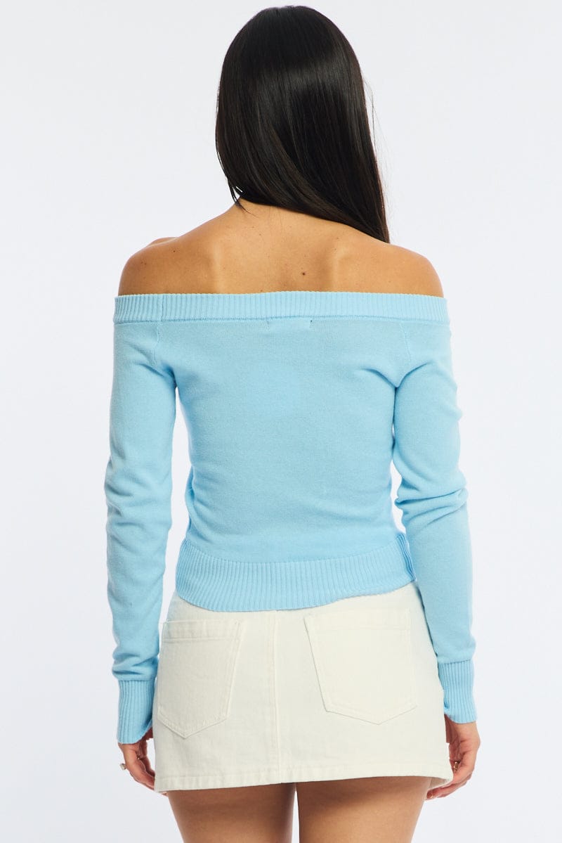 Blue Stripe Knit Top Off Shoulder Long Sleeve for Ally Fashion